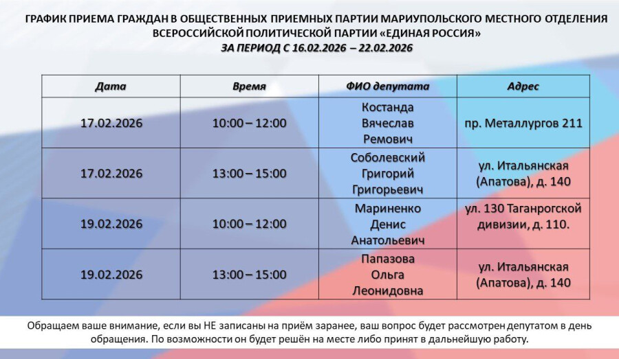 График приёмов депутатов Мариупольского городского совета с 16 по 22 февраля