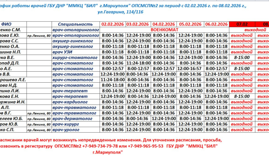 График работы врачей Поликлиники №2 со 2 по 7 февраля / ГБУ ММКЦ БИЛ (больница Водников)