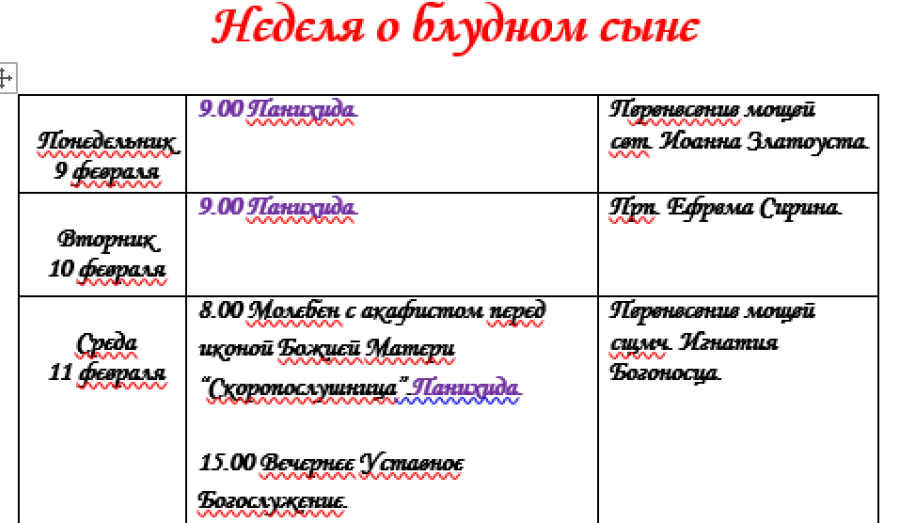 Расписание богослужений | С 9 по 15 февраля | Собор Архистратига Михаила
