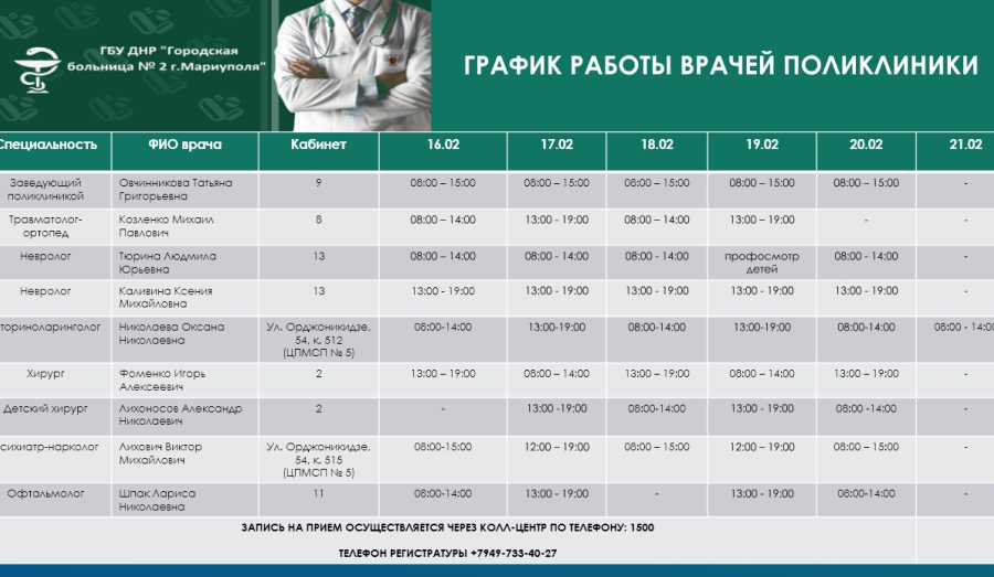 График работы врачей ГБУ Городская больница №2 | C 16 по 21 февраля 2026 г.