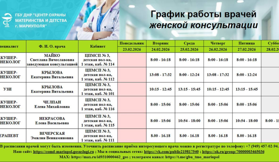 График работы врачей ГБУ ДНР "Центр охраны материнства и детства г. Мариуполя" 23 по 28 февраля 2026