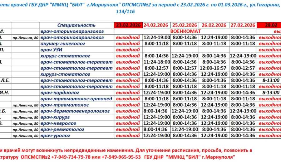 График работы врачей Поликлиники №2 с 24 по 28 февраля / ГБУ "ММКЦ "БИЛ" (больница Водников)