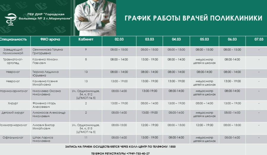 График работы врачей ГБУ "Городская больница №2" (Левый берег) Со 2 по 8 марта 2026 г.